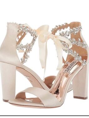 Badgley Mischka Ivory Satin Crystal-Ankle Tie Block Heels